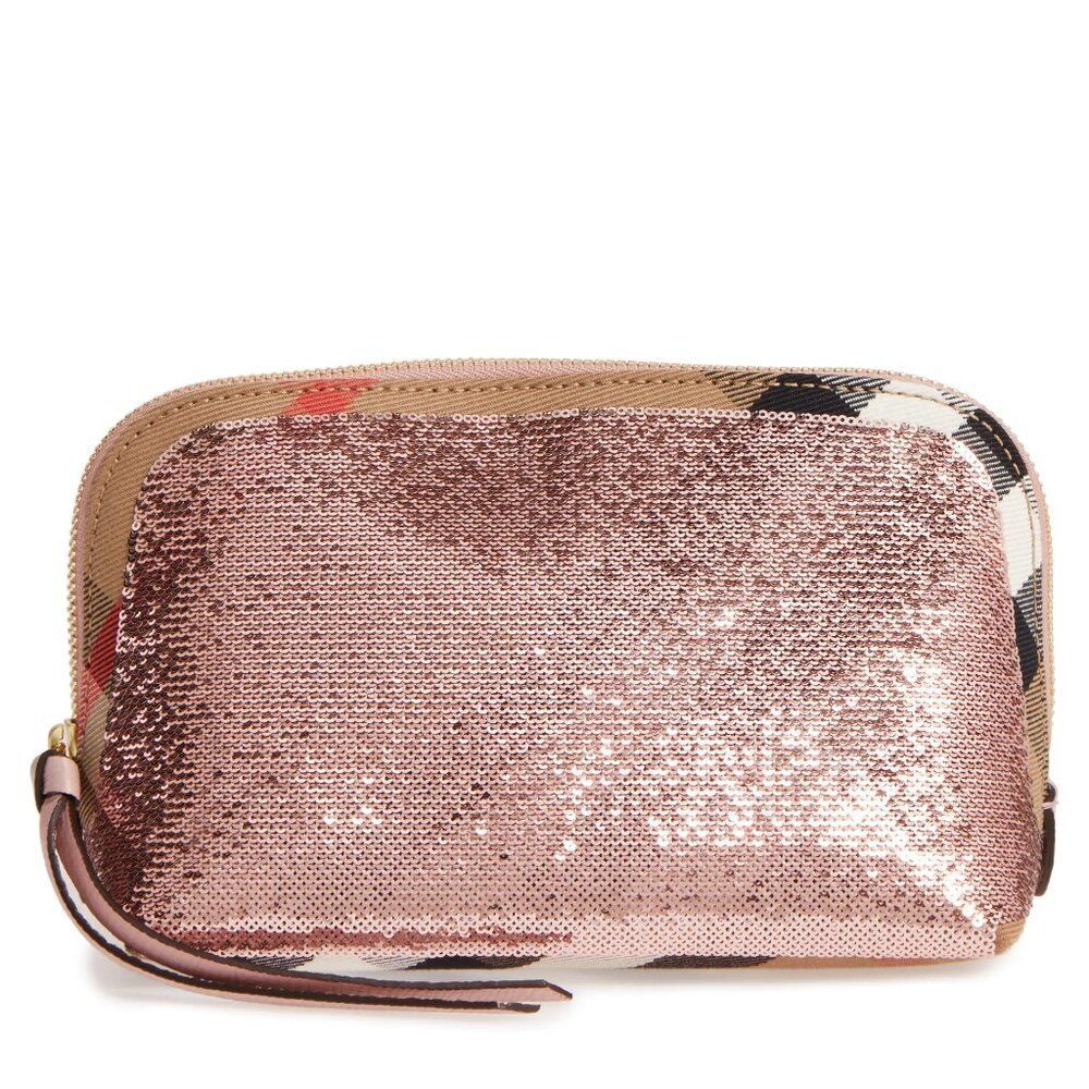 NWT Burberry Bridle Sequined Medium Pouch, Metallic Pink/Check
